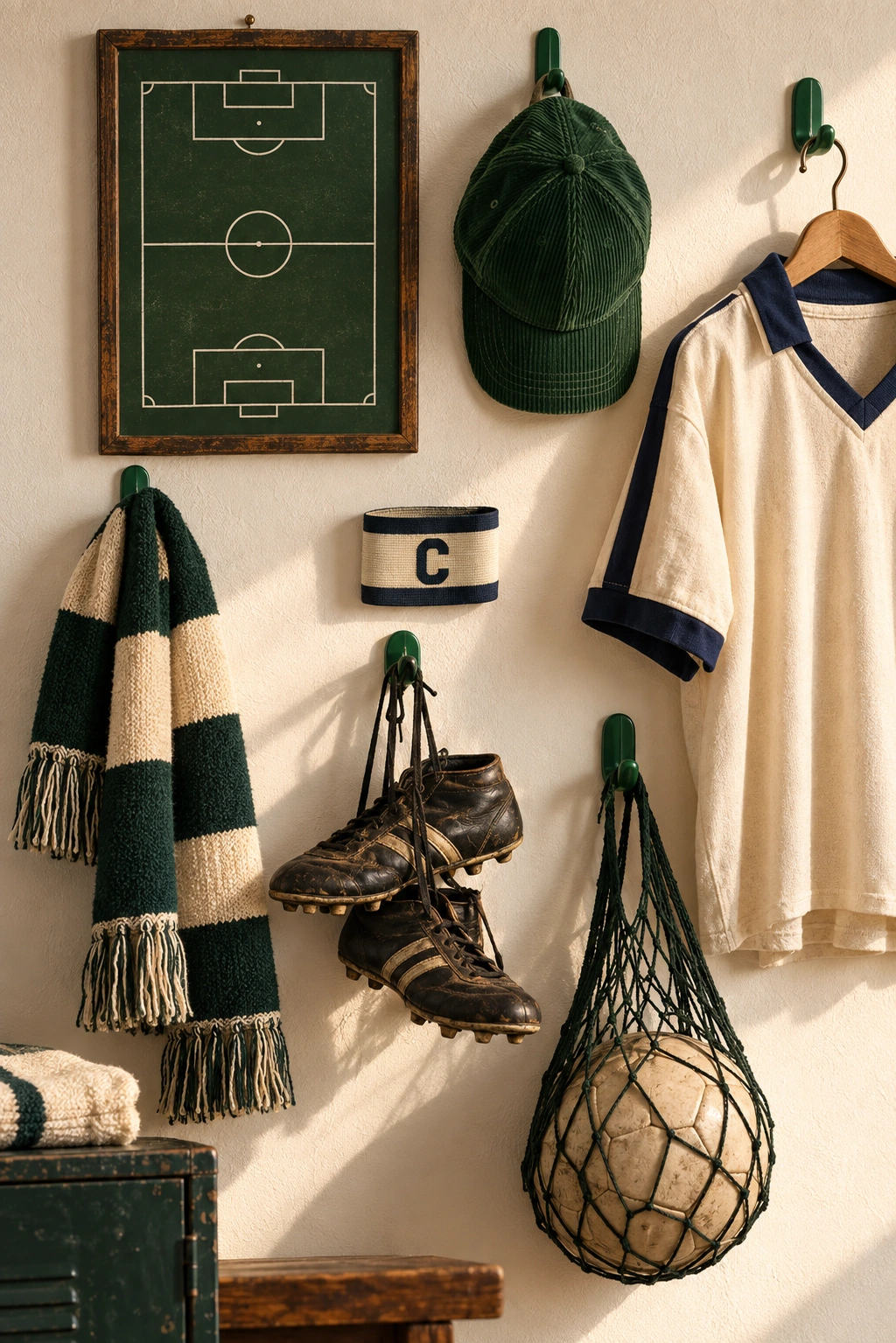 Vintage voetbaluitrusting aan een witte muur met tactiekbord, aanvoerdersband, voetbalschoenen en bal
