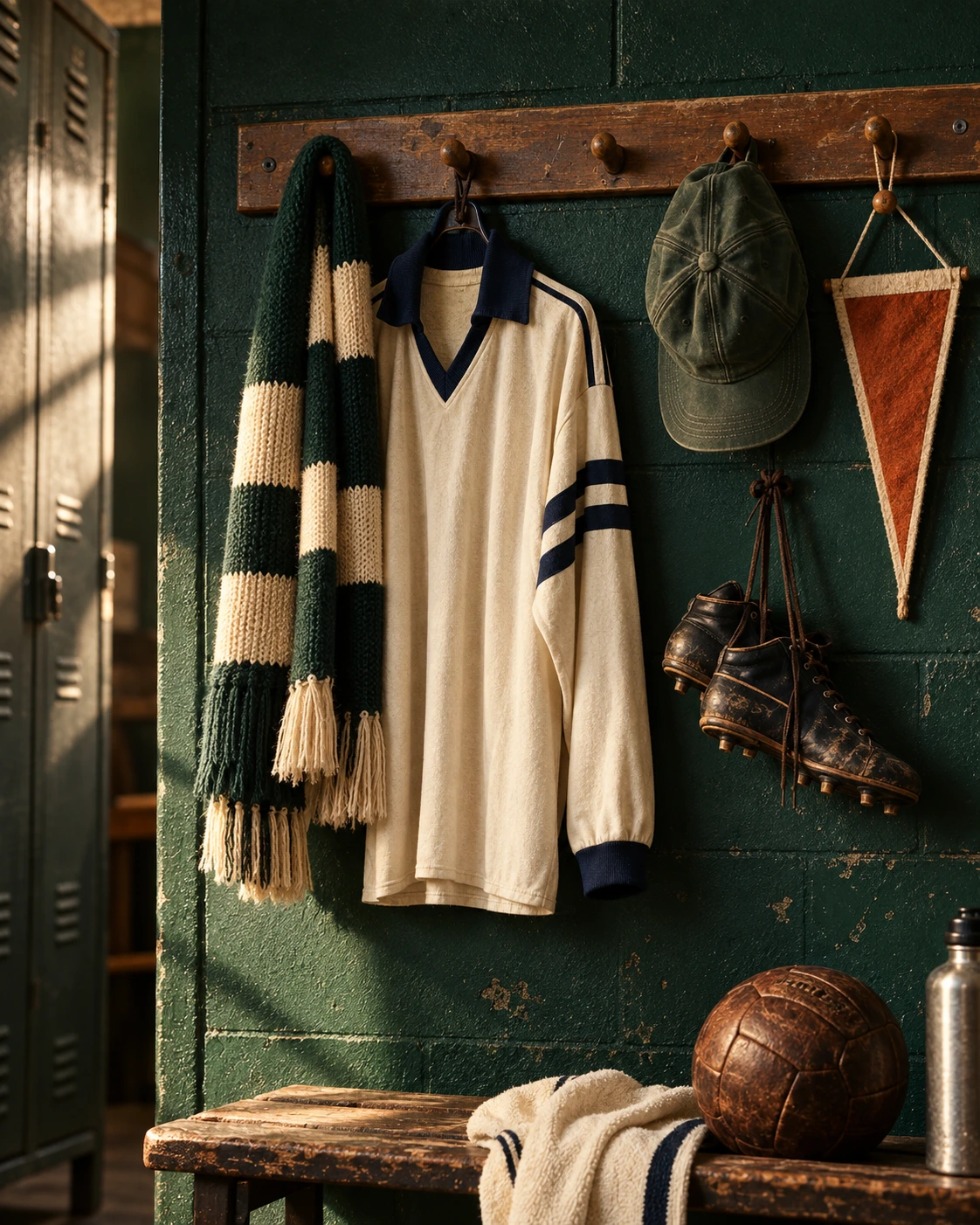 Vintage voetbaluitrusting aan houten haken in de kleedkamer
