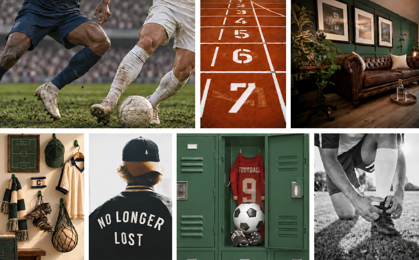 Home Base Sports moodboard met voetbal, atletiek, een clubhuis en persoonlijke sportmomenten