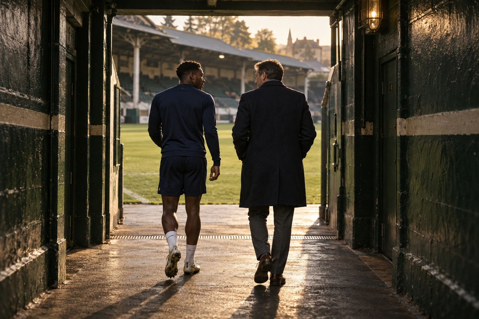 Voetballer en zaakwaarnemer lopen samen door de stadiontunnel richting het veld